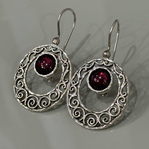 Or Paz Sterling Garnet Oval Scroll Design Dangle Earrings - Picture 2 of 7